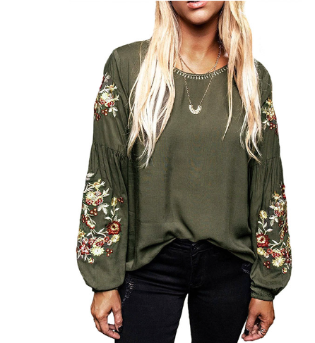 Embroidered Casual Lantern Sleeve Top for Women