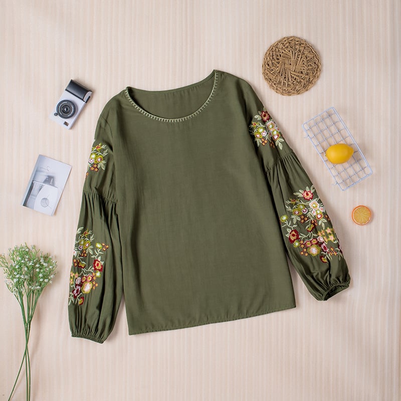 Embroidered Casual Lantern Sleeve Top for Women