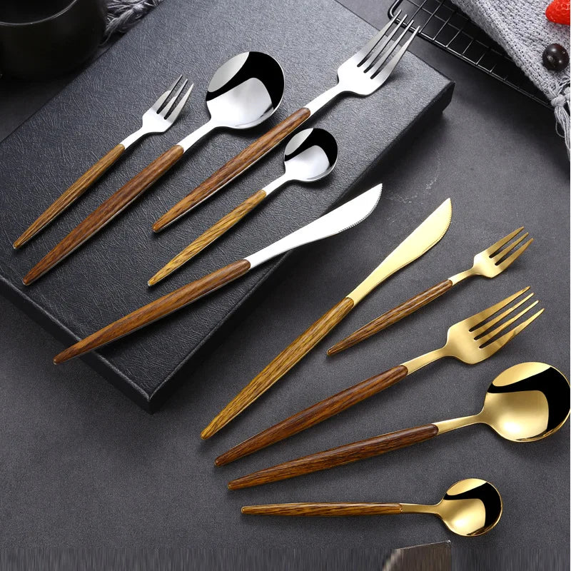 Golden Elegance Dining Set: Luxe Cutlery & Tableware Collection.