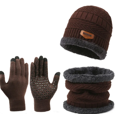 3-in-1 Winter Thermal Set – Fleece-Lined Beanie, Warm Infinity Scarf & Touchscreen Gloves