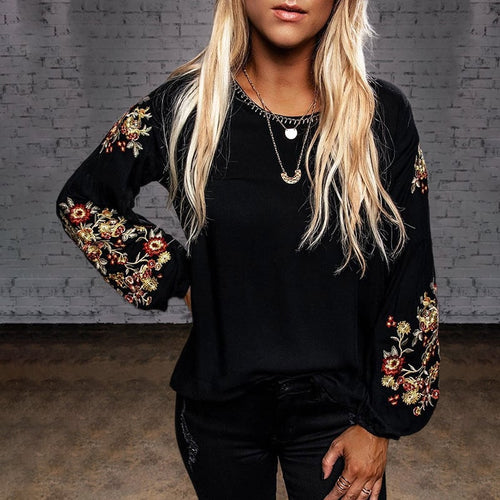 Embroidered Casual Lantern Sleeve Top for Women